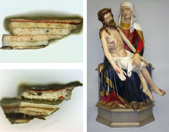 Pietà, um 1350, Köln Frechen-Buschbell: Die Querschliffe von Materialproben aus der Innenseite des Marienmantels und dem Inkarnat Jesu belegen zahlreiche Überarbeitungen der originalen Fassung.