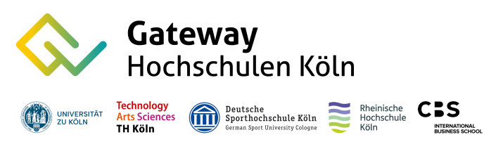 Logo Gateway Hochschulen Köln mit Logos der beteiligten Hochschule: Universität zu Köln, TH Köln, Deutsche Sporthochschule Köln, Rheinische Hochschule Köln, CBS International Business School Logo Gateway Hochschulen Köln mit Logos der beteiligten Hochschule: Universität zu Köln, TH Köln, Deutsche Sporthochschule Köln, Rheinische Hochschule Köln, CBS International Business School