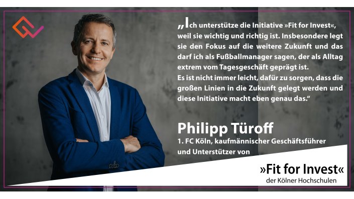 Fit for Invest Unterstützer Philipp Türoff: Ich unterstütze die Initiative »Fit for Invest«, weil sie wichtig und richtig ist. Insbesondere legt sie den Fokus auf die weitere Zukunft und das darf ich als Fußballmanager sagen, der als Alltag extrem vom Tagesgeschäft geprägt ist. Es ist nicht immer leicht, dafür zu sorgen, dass die großen Linien in die Zukunft gelegt werden und diese Initiative macht eben genau das. 