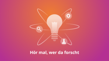 Visual zur Staffel 2 von "Hör mal, wer da forscht". Eine Glühbirne um die wissenschaftliche Symbole wie Atome kreisen. Auf dem Visual steht auch "Hör mal, wer da forscht" (Bild: TH Köln)