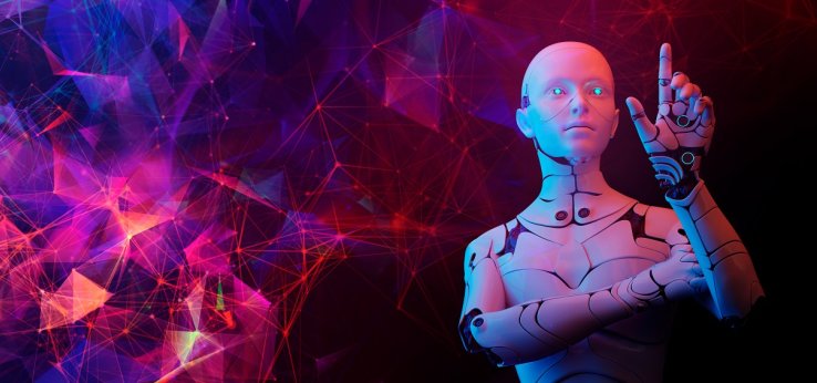 humanoider Roboter vor pink-violettem Hintergrund mit Verknüpfungen (Bild: DIgilife / Adobe Stock)