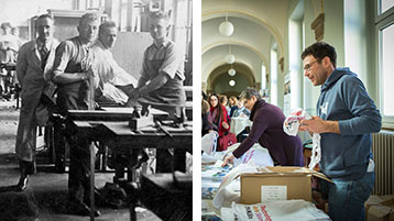 Großvater Heinrich Barlo 1933 an den Kölner Werkschulen – Enkel Michael Hecker 2018 bei der Erstsemetserbegrüßung an der TH Köln (Bild: privat, Heike Fischer/TH Köln) Großvater Heinrich Barlo 1933 an den Kölner Werkschulen – Enkel Michael Hecker 2018 bei der Erstsemetserbegrüßung an der TH Köln (Bild: privat, Heike Fischer/TH Köln)