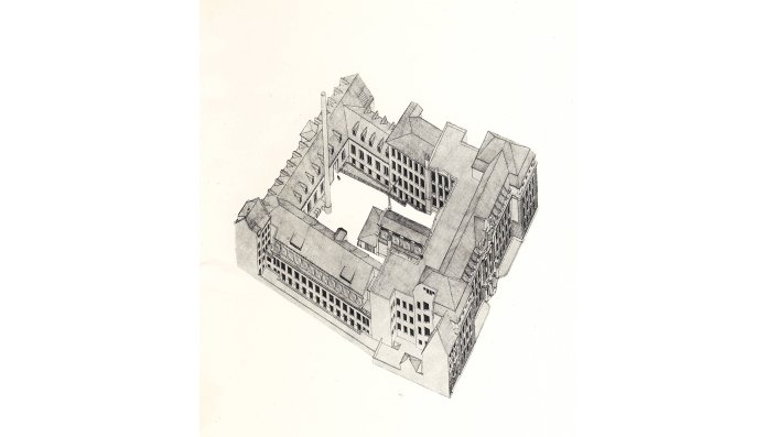 Die Vereinigten Maschinenbauschulen in Köln am Ubierring 48, Modellansicht von oben,  Broschüre 1929