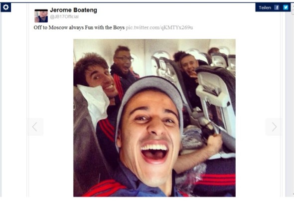 Die Bayern sind auf dem Weg nach Moskau, Jerome Boateng twittert. Die Bayern sind auf dem Weg nach Moskau, Jerome Boateng twittert.