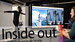 Eine Frau in VR-Montur balanciert auf einer Planke. Eine andere Frau betrachtet auf einem Monitor die Avatar Ansicht und Subjektive. (Bild: Karsten Schöne)