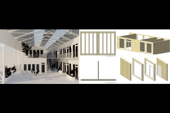 Beim Konzept Klix werden die Wohnmodule gedämmt und nicht der komplette Hallenraum. Dadurch unterliegen die Außenbereiche innerhalb der Halle den jahreszeitenüblichen Temperaturschwankungen. 