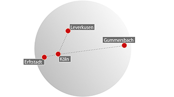 Schematische Darstellung der (zukünftig) vier Standorte der TH Köln Schematische Darstellung der (zukünftig) vier Standorte der TH Köln
