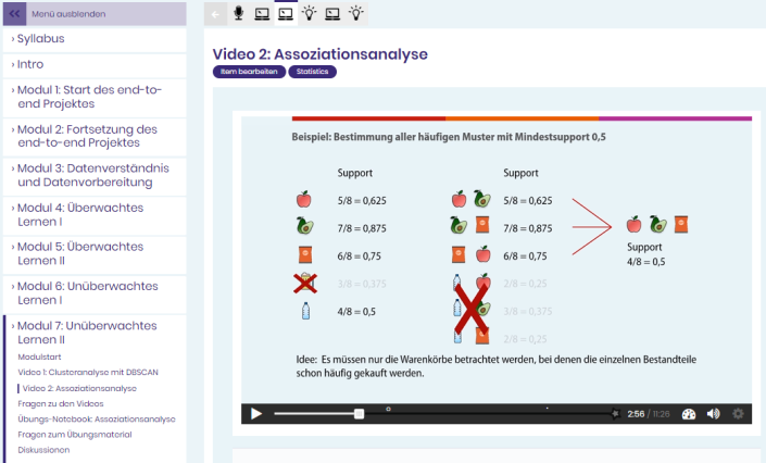 Im Online-Kurs "Data Mining" auf der Lernplattform "KI-Campus" werden die Methoden des überwachten und unüberwachten Maschinellen Lernens mit Videos und Übungen thematisiert. Im Online-Kurs "Data Mining" auf der Lernplattform "KI-Campus" werden die Methoden des überwachten und unüberwachten Maschinellen Lernens mit Videos und Übungen thematisiert.