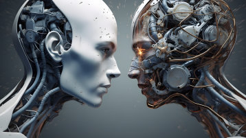 Gesichter zweier menschenähnlicher Roboter, die sich anschauen (Bild: dStudio / AdobeStock)
