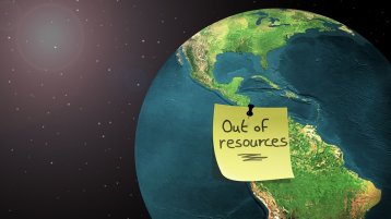 Zeichnung einer Welt, auf der ein Zettel angepinnt wurde, auf dem "Out of resources" steht (Bild: StockHouse/AdobeStock.com)