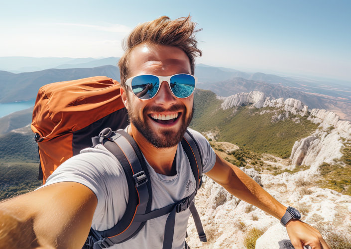 Künstlich generierter Mann auf Berg Künstlich generierter Mann auf Berg