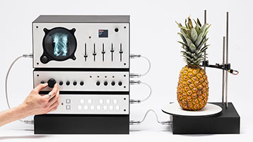 Der experimentelle Sythesizer in Silber von Julis Walsch ist an eine Ananas angeschlossen. (Bild: Julius Walsch )