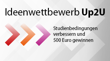 Grafik mit einem rotem, einem orangefarbenen und einem violetten Pfeil, die auf die Worte "Studienbedingungen verbessern und 500 Euro gewinnen" zeigen. Darüber steht "Ideenwettbewerb Up2U" (Bild: TH Köln)