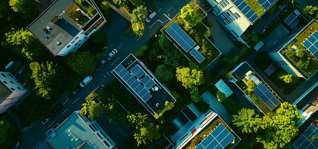 Luftaufnahme von Solaranlagen und Dachbegrünungsmaßnahmen in einer Wohnsiedlung (Bild:AI Generative / Adobe Stock)