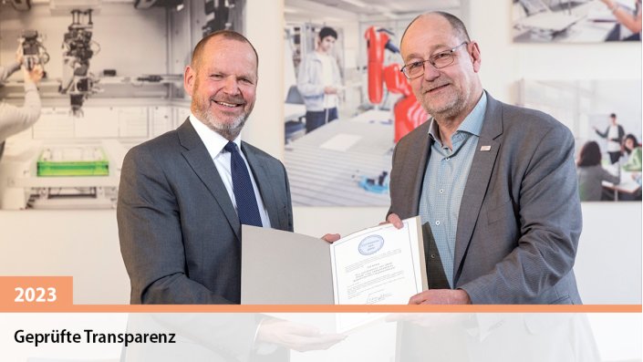 Prof. Dr. Bernhard Kempen, Präsident des DHV, und Prof. Dr. Stefan Herzig, Präsident der TH Köln, bei der Verleihung des Gütesiegels (v.l.)