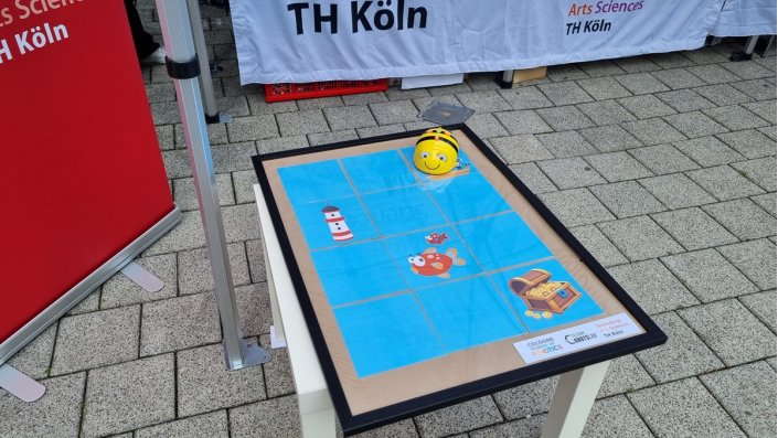 Bilderrahmen mit Raster, auf dem ein Bienenroboter sitzt