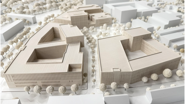 Die neuen Modelle der Gebäude E, D und C vond er Gießener Straße aus gesehen.