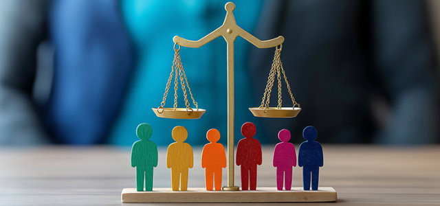 Symbolbild Soziale Gerechtigkeit: Waage mit Personenfigürchen darunter (Bild:Adobe/GreenOptix)