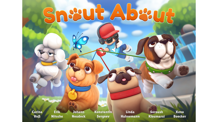 [Grafik] eine Person wird von vier Hunden an Leinen gezogen. Die Person trägt eine Sonnenbrille, Kopfhörer und schaut auf ein Handy. Darüber der Text "Snout About". Die "o"s sehen aus wie Hundepfoten.