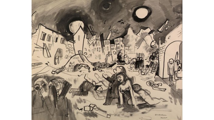 Felix Nussbaum, Die große Zerstörung, um 1939, lavierte Tusche auf Papier, 54,5 x 67 cm 