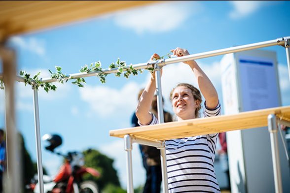 Studentin befestigt Efeu an der Reling