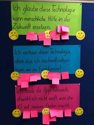 Eine Moderationswand mit drei Aussagen und vielen Zetteln auf den Skalen Zustimmung, neutral und Ablehnung Eine Moderationswand mit drei Aussagen und vielen Zetteln auf den Skalen Zustimmung, neutral und Ablehnung