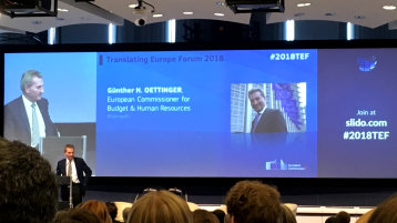 EU-Kommissar Günther Oettinger während seiner Rede auf dem TEF 2018 EU-Kommissar Günther Oettinger während seiner Rede auf dem TEF 2018