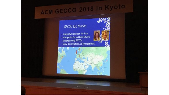 Ankündigung des von Dr. Tusar (JSI) und Prof. Dr. Naujoks (IDE+A, TH Köln) durchgeführten Job Marktes während der Konferenz GECCO 2018 in Kyoto (Japan).