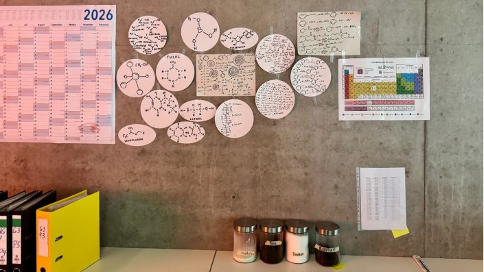 Zu sehen ist eine Wand, an der ein Periodensystem, ein Kalender und chemische Formeln aufgehängt sind.