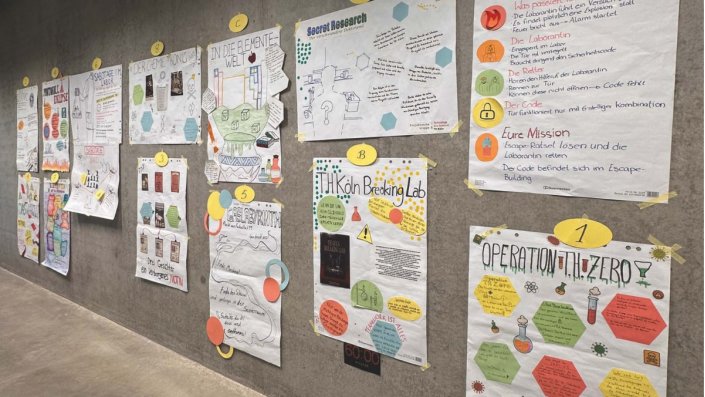 14 Plakate hängen an der Wand und veranschaulichen die Escape-Building-Ideen der Studierenden.