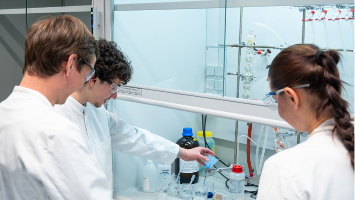 Synthese im Chemie-Labor: Rafael bei der praktischen Arbeit an einem Cobalt-Amin-Komplex unter dem Abzug.