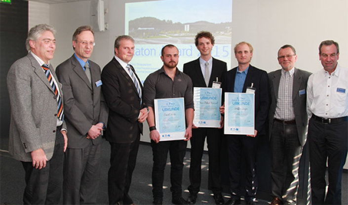 v.l.: Prof. Dr. Andreas Kampmann, Prof. Dr. Rainer Scheuring, Enzo Strappazzon (Eaton),  Daniel Wirtz,  Marc-Robert Mierisch, Steffen Jünger, Prof. Dr. Hartmut Bärwolff, Prof. Dr. Christoph Klein