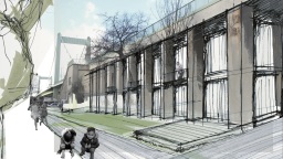 Collage: Architektur-Skizze, Foto der Mühlheimer Brücke und 4 Kinder im Vordergrund (Bild: Arman Schlieker)