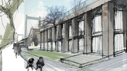 Collage: Architektur-Skizze, Foto der Mühlheimer Brücke und 4 Kinder im Vordergrund (Bild: Arman Schlieker) Collage: Architektur-Skizze, Foto der Mühlheimer Brücke und 4 Kinder im Vordergrund (Bild: Arman Schlieker)