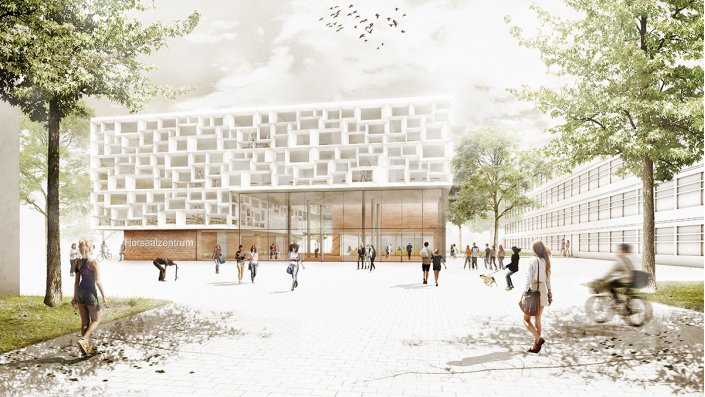 Rendering eines Entwurfs für das Hörsaalzentrum, für den die Ferdinand Heide Architekt Planungsgesellschaft mbH einen von zwei zweiten Preisen erhielt.