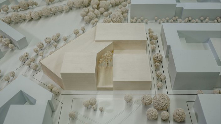 Modell des Entwurfs für das Gebäude A, für den die wulf architekten gmbh den ersten Preis erhielt.
