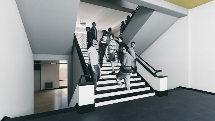 Beim virtuellen Rundgang durch das Bauhausgebäude in Dessau kann unter anderem die ikonische Treppe des Gebäudes bestiegen werden. 