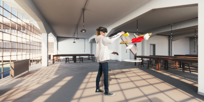 Das Cologne Game Lab der TH Köln hat im Auftrag des Goethe-Instituts Boston die VR-Anwendung Virtual Bauhaus entwickelt, die einen virtuellen Rundgang durch das Bauhausgebäude in Dessau ermöglicht. 