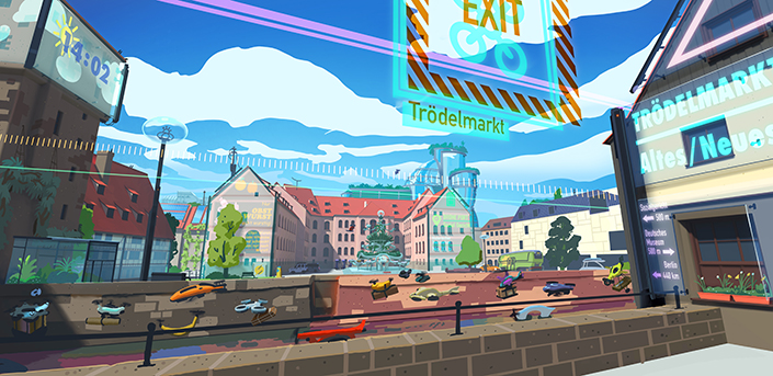 Die grafische Darstellung zeigt ein VR-Szenario aus dem Forschungsprojekt. Die grafische Darstellung zeigt ein VR-Szenario aus dem Forschungsprojekt.