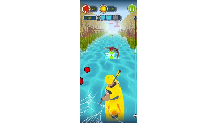 Szene aus dem Handyspiel „Stop and Think“ - hier auf dem Wasser in einem gelben Kanu