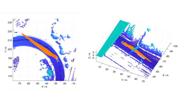 Digitales Modell eines Schwertransports mit Windradflügel.