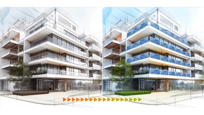 Die Visualisierung zeigt, wie ein mit Balkonkraftwerken ausgestattetes Mehrparteienhaus nach der Installation aussehen könnte.
