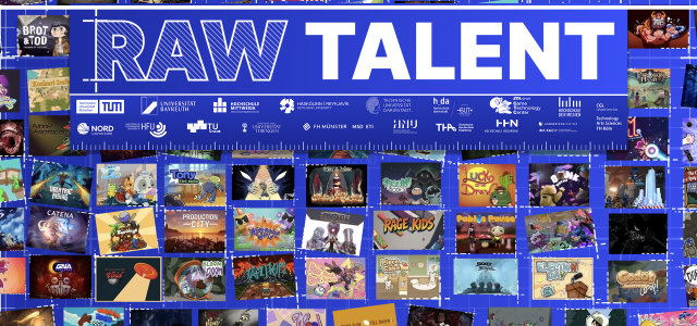 [Grafik] Blauer Hintergrund mit Videospielgrafiken, darüber Logos von Hochschulen und der Schriftzug 