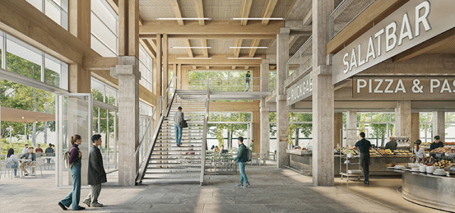 Neubau der Mensa: Im hellen Innenraum dominiert ein Mix aus Stahlbeton und Holzbau. (Bild:Rendering: Penzel Valier / BLB NRW)