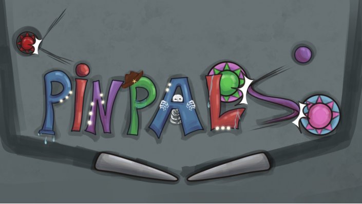 [Videospielgrafik] Ein grauer Hintergrund, auf dem in bunten Buchstaben "Pinpals" steht. Darum angeordnet sind Elemente einer Pinballmaschine.