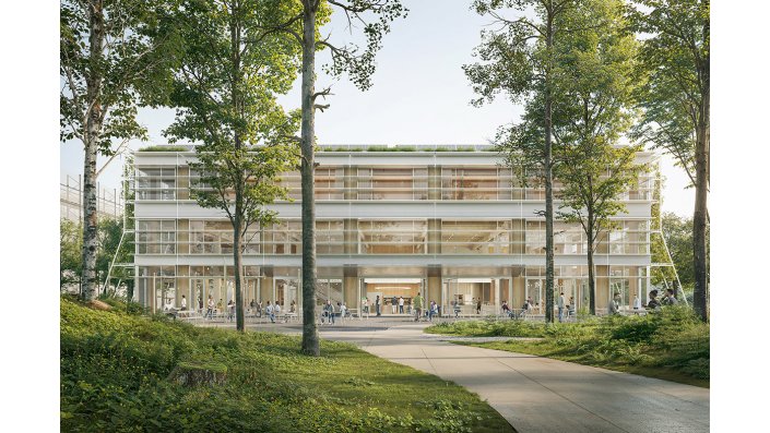 Blick auf die neue Mensa mit ihrem großzügigen Entree zum Campusplatz.