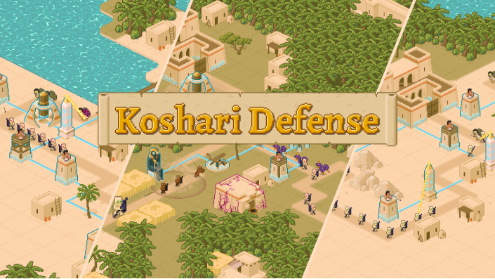 [Videospielgrafik] Screenshot aus einem Videospiel, das eine Wüstenstadt mit Lehmhäusern und Palmen zeigt. Im Vordergrund steht der Text "Koshari Defense" in braunen Buchstaben auf einem sandfarbenen Banner.