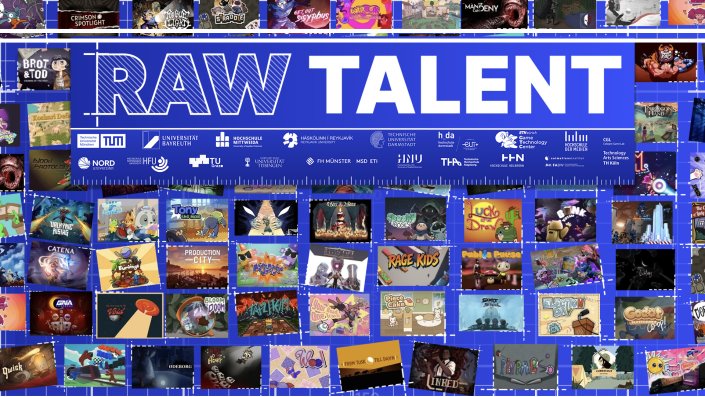 [Grafik] Blauer Hintergrund mit Videospielgrafiken, darüber Logos von Hochschulen und der Schriftzug "Raw Talent".