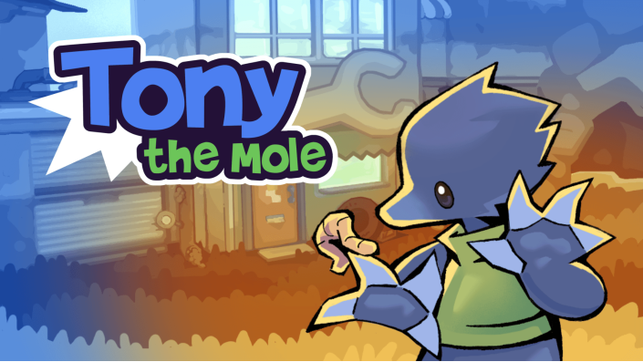 [Videospielgrafik] Ein Maulwurf hält einen Regenwurm in der Hand. Neben ihm steht der Schriftzug "Tony the Mole".