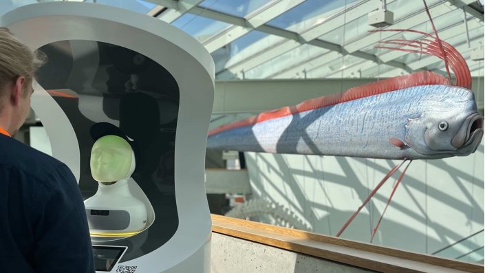 [Foto] Ein Mensch mit blonden Haaren betrachtet eine futuristische, weiße humanoide Roboterbüste mit einem grünen, glatten Gesicht in einer gebogenen, weißen und schwarzen Displayeinheit. Im Hintergrund hängt ein großes, langes, blaugraues Modell eines Tiefseefischs mit roten Flossen und Antennen in einem Raum mit Glasdecke.